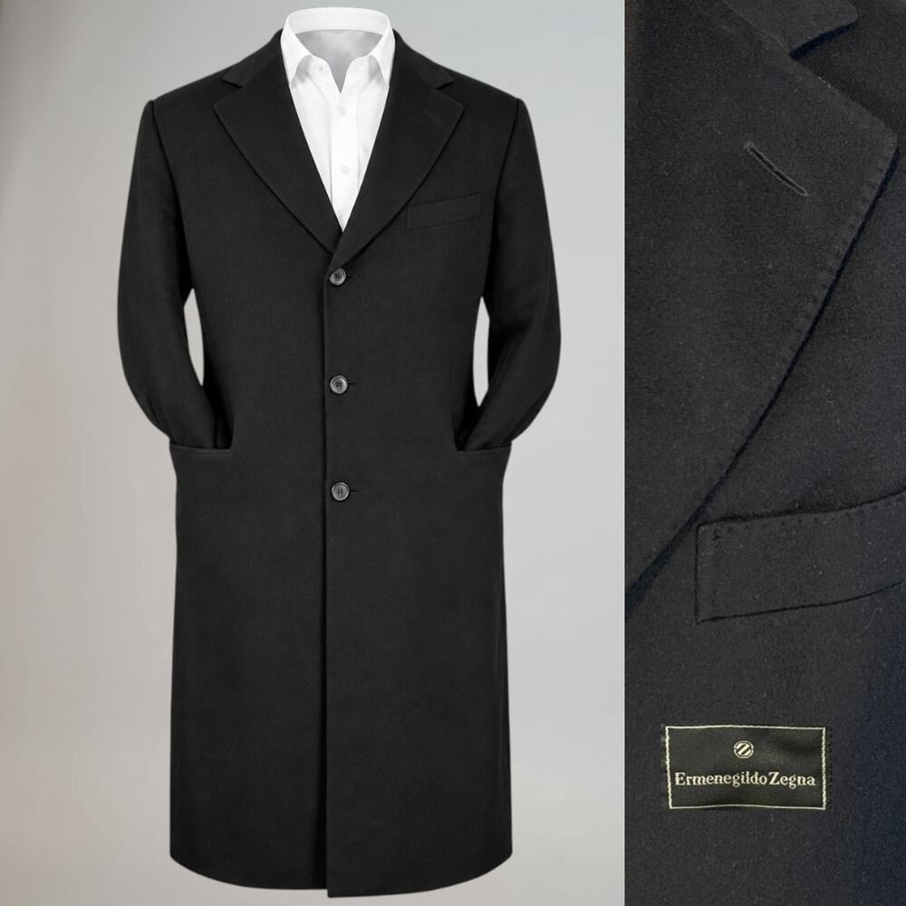 Ermenegildo Zegna Italy Pure Cashmere 42-44R Black Long Overcoat Topcoat